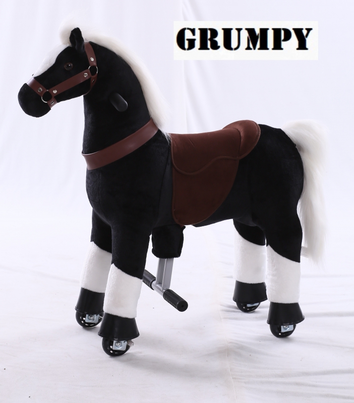 Kids-Horse "Grumpy" Schaukelpferd auf Rolle, schwarz mit weißer Flamme und Huf